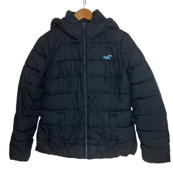 15. Hollister Black Winter Puffer  Jacket Size Large Hooded - Picture 1 of 16
